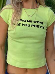 INAWLY Kvinnors sommarslogan tryckt rundhalsad kortärmad avskuren Casual T-shirt HATAR MIG KOMMER INTE GÖRA DIG GÄTT SNYGG Grafiska T-shirts Dam Toppar - Grön - Visa 3