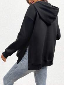 SHEIN Maternity Kangaroo Pocket Drop Shoulder Split Hem Sweatshirt With Long Sleeve, For Winter - Black - View 2
