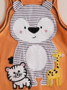 嬰兒男童服裝套裝，動物刺繡背帶褲和上衣，2件套 - 橘色 - 查看 4