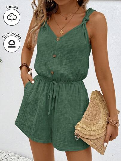 SHEIN Frenchy Phụ nữ Họa Tiết Nút Trang Trí Dây Thắt Lưng Đàn Hồi Mùa Hè Đơn Giản Jumpsuit Thông Thường Quần Short Nữ Rompers Quần Short Bộ Jumpsuit Vải Lanh Nữ Jumpsuit Thoải Mái