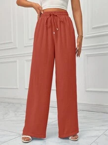 SHEIN Essnce Women's Plain Simple Daily Regular Pants With Tie, Casual - Orange - View 4