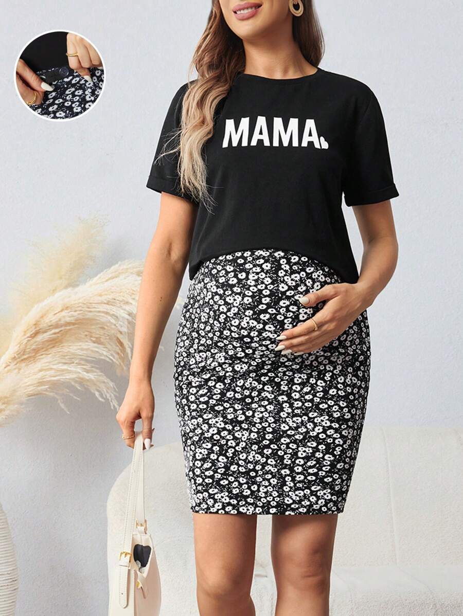 SHEIN Maternity Letter Graphic Tee & Striped Print Skirt Set - Black - View 1