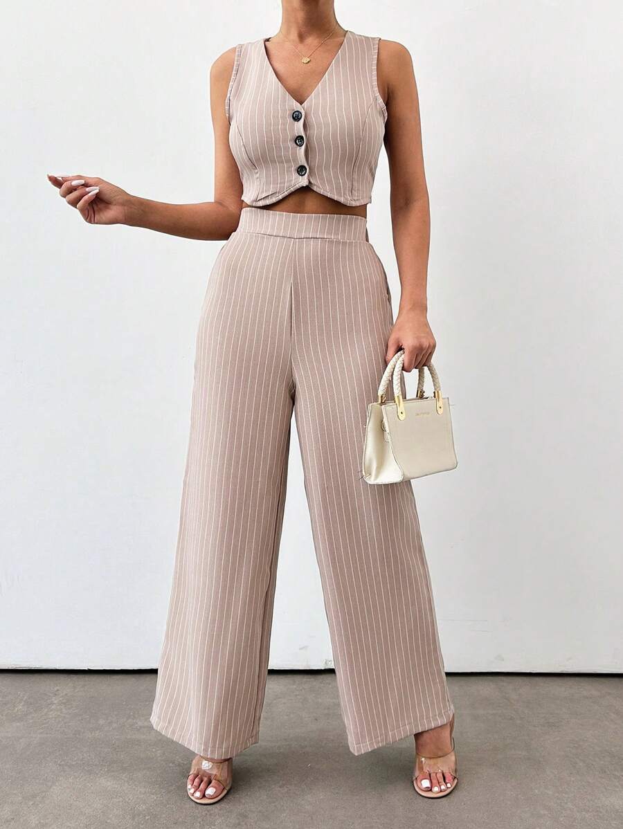 EURMUSE Black Stripe Linen Look Co-Ord - Brown - View 1