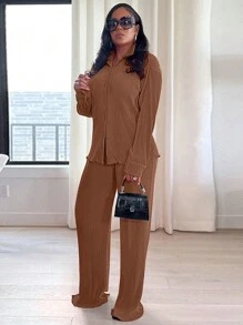 2件組女款時尚上衣搭配舒適寬腿褲休閒套裝，休閒優雅春季棕色 - 棕色 - 查看 5