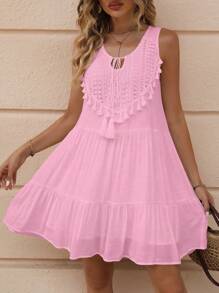 Breezaya Solid Color Sleeveless Ruffle Trim Tie Front Pleated Dress, Casual & Vacation - Pink - View 3