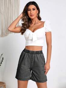 女式彈性腰口鬆身牛仔短褲，附有口袋 - 灰色 - 查看 5