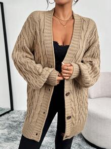 SHEIN LUNE Áo len dệt kim dài tay màu trơn kiểu dáng đơn giản dành cho nữ để mặc hàng ngày - Màu Khaki - Xem 3