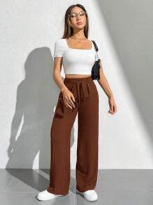 SHEIN PETITE Solid Color Tie Waist Wide Leg Pants, Long - Brown - View 5