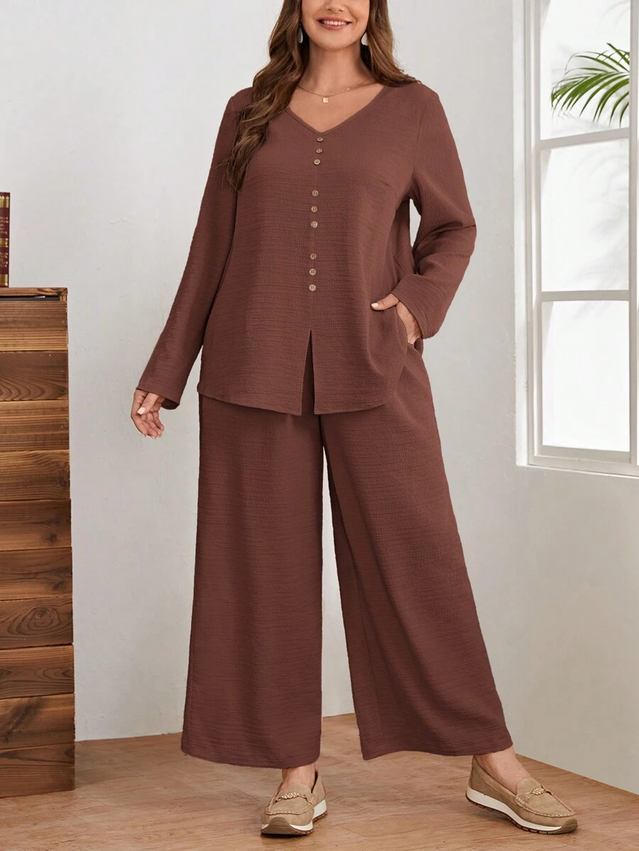 EMERY ROSE Plus Size Women's Plain Simple Daily Long Sleeve Top And Pants Two Pieces Set - Mocha Brown - View 1