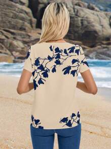 EMERY ROSE Floral Print Button Detail Blouse,Short Sleeve Tops