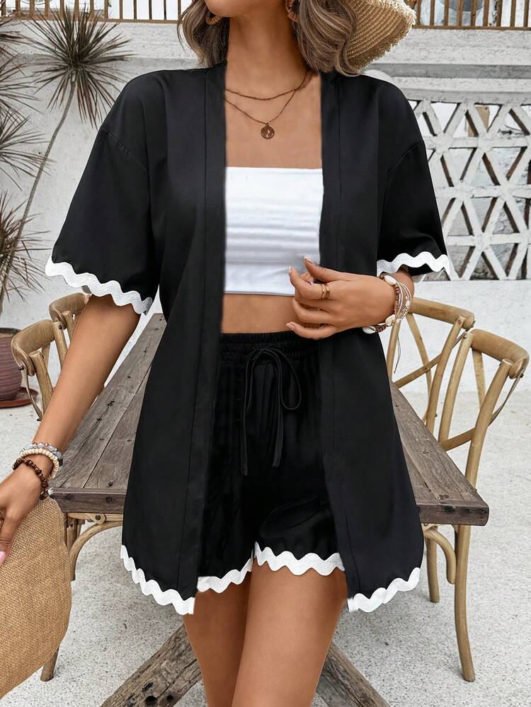 Women Contrast Color Wave Edge Pants Two Pieces Set