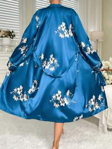 Elegant Floral Women's Homewear Robe Luxe Loungewear, Cozy And Elegant Details, Fall & Winter - Blue - View 2