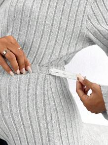 SHEIN 孕婦用肋紋束口連帽上衣和褲子套裝，長袖 - 灰色 - 查看 6