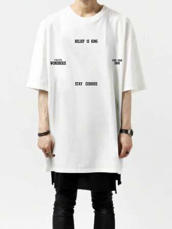 Manfinity EMRG Men's Back To School Summer Loose Fit Crew Neck Drop Shoulder Short Sleeve T-Shirt With Letter Print