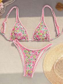 Swim Mod Set Bikini Wanita Musim Panas Motif Bunga dengan Tali untuk Liburan di Pantai - MultiWarna - View 5