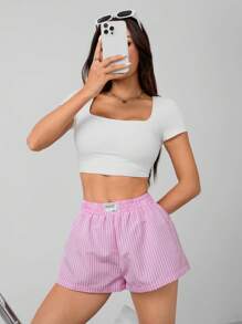 SHEIN PETITE 女士粉白條紋腰帶字母裝飾彈性腰短褲 - 粉色 - 查看 8