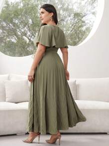 Modelyn Plus Size Women's Solid Color V-Neck Ruffled Short Sleeve Waist Tie Elegant Dress, Summer - Olive Green - View 2