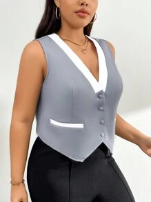 SHEIN Essnce Plus Size Color Block Sleeveless V-Neck Blazer - Grey - View 6