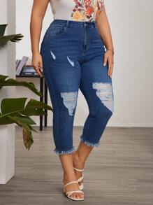 SHEIN LUNE Cộng với quần jean skinny rách thô cho trang phục hàng ngày - Rửa trung bình - Xem 4