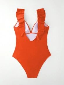 SHEIN Swim 夏季實心荷葉邊連身泳裝 - 亮橙色 - 查看 6