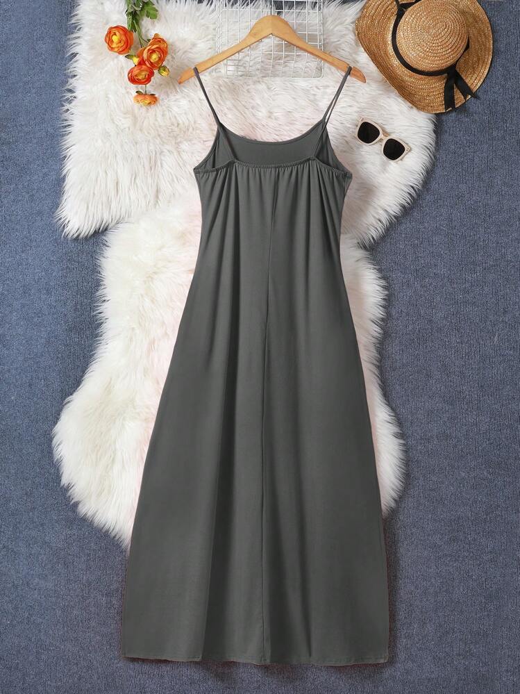 INAWLY Women's Pocketed Spaghetti Strap Long Dress, Casual Daily Wear - Light Grey - View 2