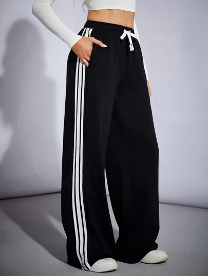 SHEIN Tall Pantalón de chándal ancho de pierna negra de algodón tejido con cinta para mujer