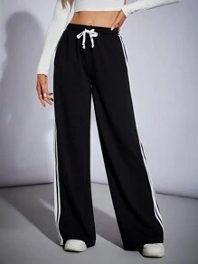 SHEIN Tall 女士运动装棉质编织带阔腿黑色运动裤 - 黑與白 - 查看 5