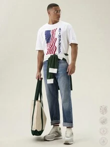 Manfinity VCAY 男士宽松圆领短袖针织 T 恤，印有美国国旗，适合夏季