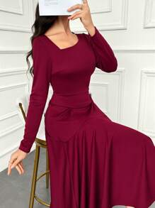 Modelyn Solid Asymmetrical Neck A-Line Dress For Holiday