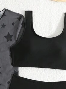 Tween Girl 3pcs Bikini Set, Random Print Summer Beach - Black - View 4