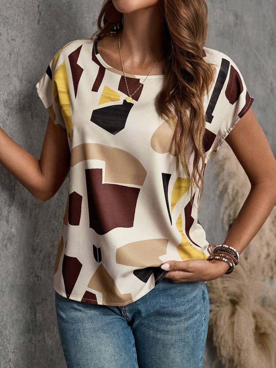 EMERY ROSE Women's Summer Geometric Printed Round Neck Batwing Short Sleeve Casual Shirt,Short Sleeve Tops