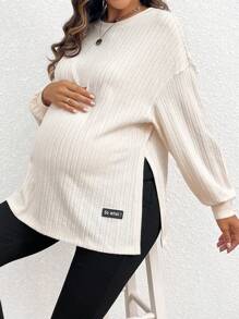 SHEIN Maternity Letter Patched Detail Drop Shoulder Split Hem Sweatshirt, For Winter - Beige - View 5