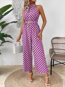 Chiquease Women's Green Polka Dot Slim Fit Jumpsuit - Pink - View 1