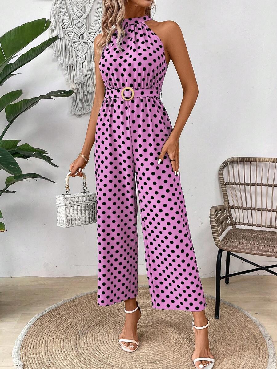 Chiquease Women's Green Polka Dot Slim Fit Jumpsuit - Pink - View 1