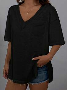 SHEIN EZwear Camiseta casual de verano holgada con cuello en V y mangas cortas, unicolor - Negro - Ver 6