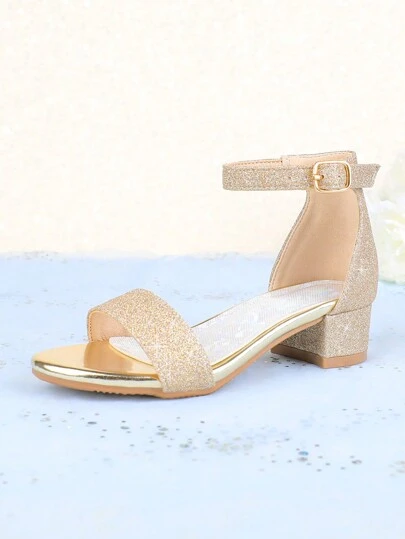 Summer Outdoor Party Dress Matching With Golden Fashionable Classic Sparkling Ankle Strapped High Heel Sandals For Kids