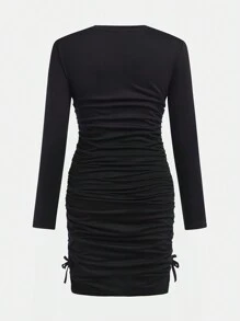 SHEIN Tween-Mädchen Kleid im Lässig-Stil mit schwarzen Pailletten, Sternenverzierung und plissiertem Langarm-Design