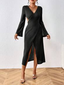 SHEIN Swim 女式 V 领长袖露背吊带高开衩性感优雅舒适罩衫夏季 - 黑色 - 查看 6