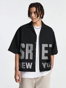 Manfinity RebelGame Camicia smanicata a manica corta da uomo in tessuto a trama larga con stampa inglese, adatta per l'estate - nero - Visualizzare 3