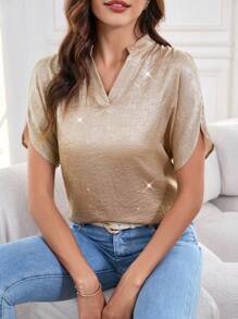 SHEIN Clasi Vêtements de mode pour la rentrée scolaire Vêtements d'automne pour femmes Style "Old Money" Vêtements d'enseignant Vêtements d'enseignant à épaules dénudées dorés Chemise d'Halloween avec encolure fendue et manches chauve-souris - Doré - Voir 3