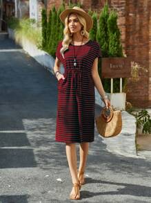 EMERY ROSE Women's Striped Drawstring Waist Slant Pocket Casual Dress For Summer - Multicolor - View 5