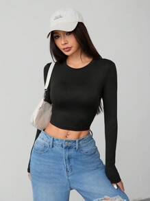 SHEIN PETITE 2 Packs Of Casual Simple Round Neck Long Sleeves Tight Cropped Women's T-Shirts - Multicolor - View 8