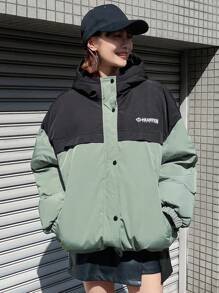 FRIFUL Áo khoác trùm đầu in chữ màu khối rộng rãi ấm áp thường ngày cho nữ mùa đông - màu xanh lá - Xem 4