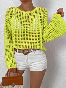 Breezaya Suéter de moda para mujer con cuello redondo, tejido de malla y diseño de huecos - Amarillo - Ver 6