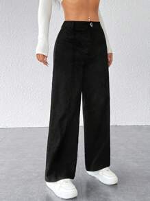 SHEIN PETITE Black Corduroy Women's Wide Leg Trousers - Black - View 7