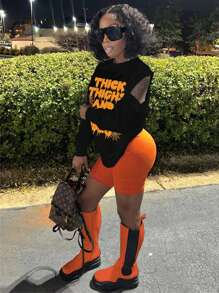 SHEIN SXY Plus Size Women's Autumn Halloween Vibes Slogan Pattern Hollow Out Casual Off-The-Shoulder Sweater Autumn Women's Wear Graphic Tees Women