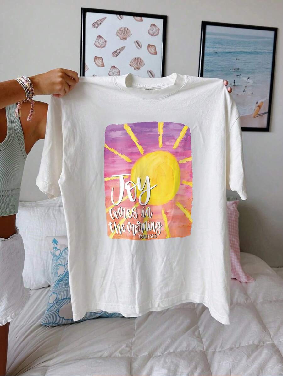 INAWLY Plus Size Round Neck Letter Sun Print Short Sleeve Simple Casual T-Shirt For Daily Wear - White - View 1