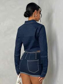 SHEIN BAE Tie Front Crop Denim Top, Fall Women Clothes - Blue - View 2