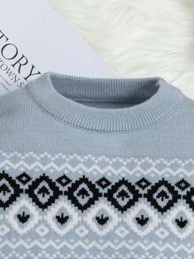 SHEIN 男婴蓝色柔软舒适彩色菱格圆领毛衣，带有民族图案和福克兰格纹，休闲学院风，适合圣诞节 - 霧霾藍 - 查看 5