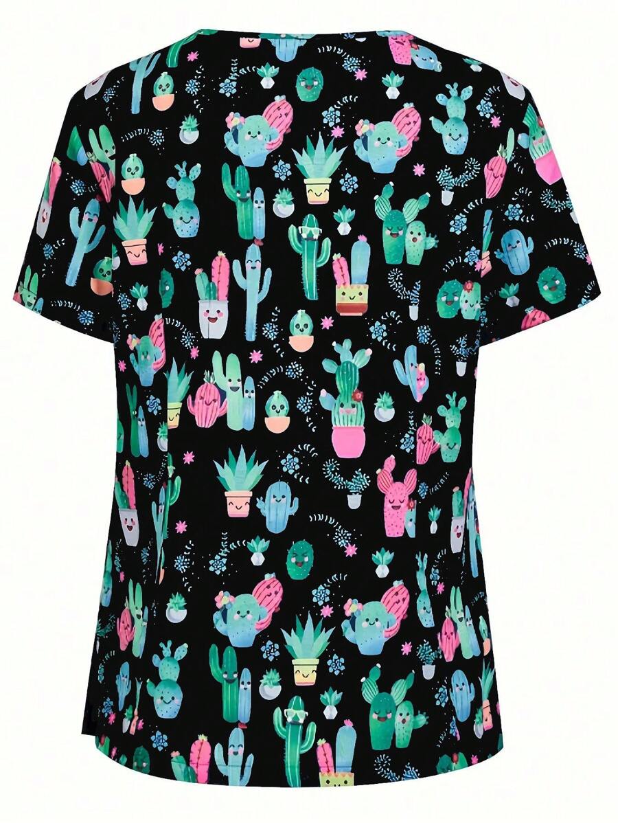 Women's Digital Printed Cartoon Pattern Elastic Nursing Scrubs Uniform